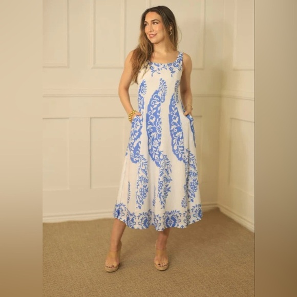 NWT THML White Blue Midi Print Dress mediterranean - Picture 1 of 6